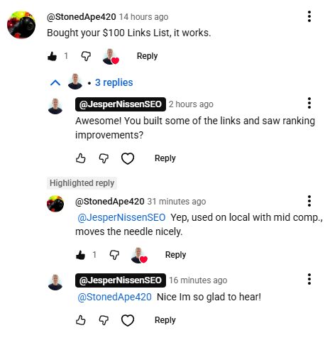 Schermafbeelding van reacties: een koper schrijft dat hij de linklijst van 100 dollar kocht en later dat het voor lokale SEO goed werkt, Jesper Nissen reageert blij.